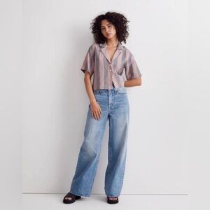 Madewell Size Medium Pink Grey 100% Linen Resort Shirt in Springy Stripe